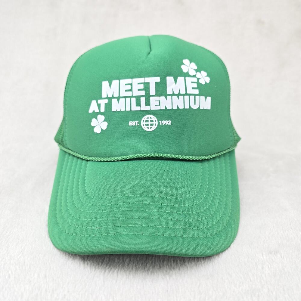 Vintage Meet Me At Millennium Trucker Hat Cap Green Y2K 90s Otto Shamrock